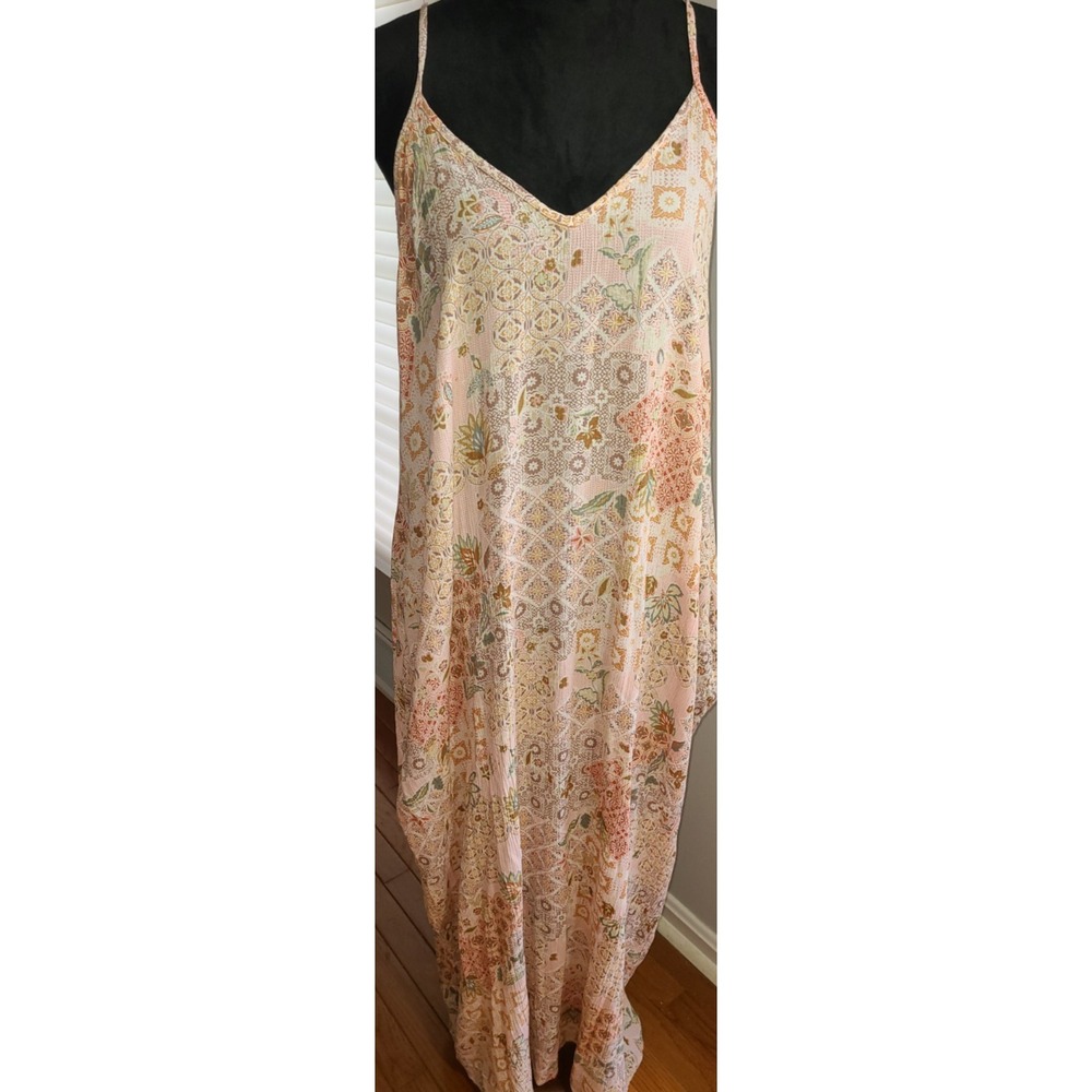 Heimish USA Pink Brown Floral Strappy Maxi BoHo Country Dress Pockets Sz S Indie
